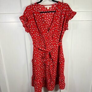 Monteau Los Angeles Red Floral Wrap Dress Short Sleeve Tiered Ruffle Size L